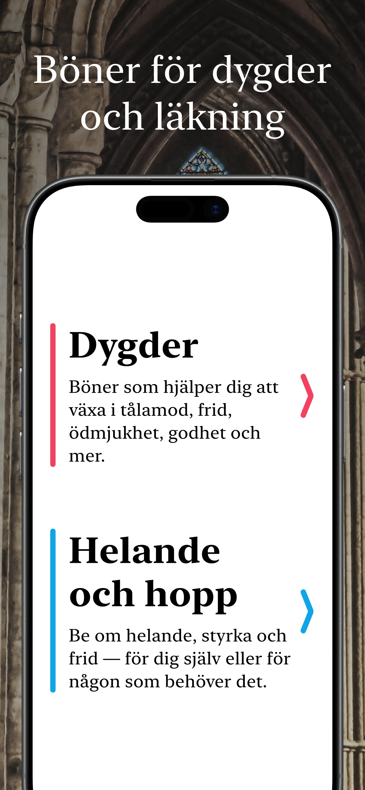 Förhandsvisning av den katolska appen Corvia – startskärm för bön och listan med novenor